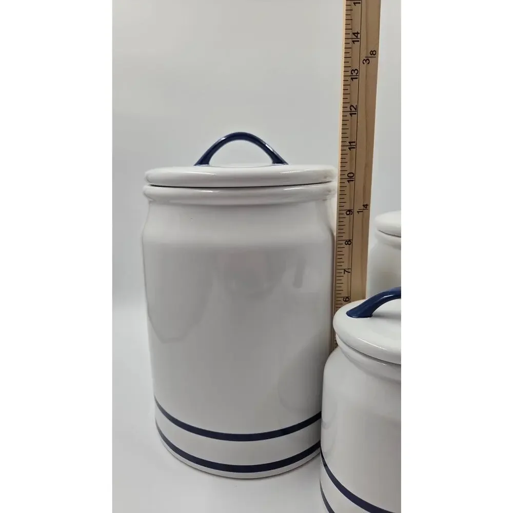 Martha Stewart Farmhouse White w/ Blue Stripe Ceramic Canister Set